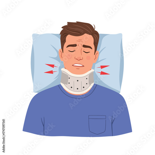 Man wearing cervical collar lying down with eyes closed and facial discomfort illustration