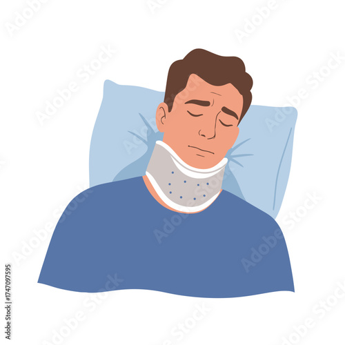 Man with neck brace lying down recovering from injury or surgery resting illustration