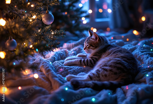 Tabby cat sleeping on a soft blanket near a decorated Christmas tree with bokeh lights resting lying down isolated on a transparent background