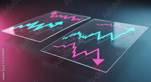 Two transparent glass plates displaying glowing pink and blue financial charts with upward and downward arrows isolated on a transparent background