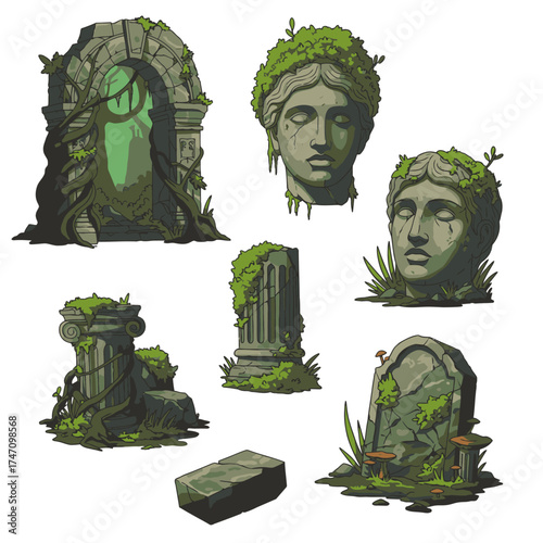 Detailed illustrative collection of ancient, moss-covered stone ruins, featuring classical busts, a weathered archway, and a tombstone, evoking forgotten history.