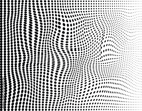 Distorted Halftone Wave Optical Illusion Pattern – Black and White Abstract Dotted Texture, Warped Digital Background, Psychedelic Geometric Art, Modern Op Art Wallpaper and Futuristic Design