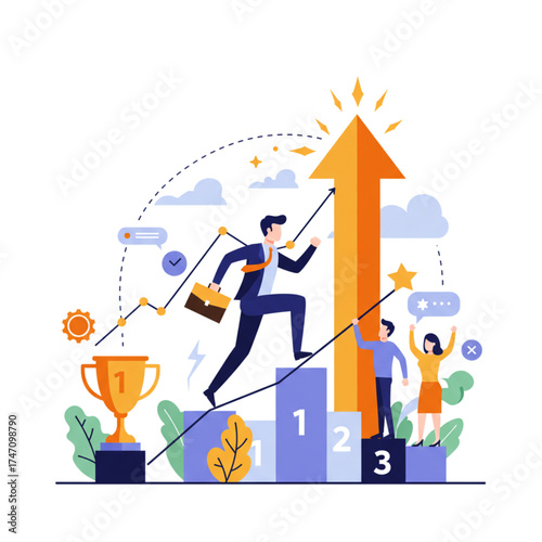 Dynamic business growth illustration showing team celebrating success as leader climbs toward achievement, perfect for marketing and motivation campaigns