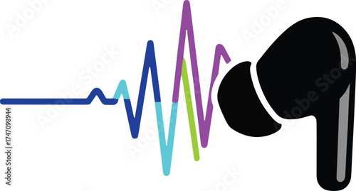 Wireless Earbud with Colorful Digital Sound Wave Pulse Icon