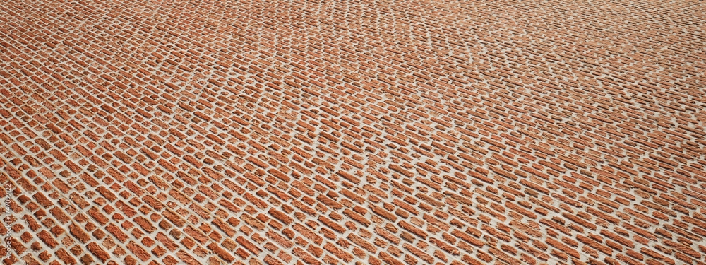 Fototapeta premium Concept or conceptual vintage or grungy brown background of rough brick texture floor as a retro pattern layout. A 3d illustration for construction, architecture, urban and interior design