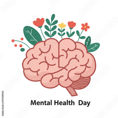 Celebrate World Mental Health Day with a positive floral brain illustration promoting awareness and well being, a modern awareness graphic for campaigns