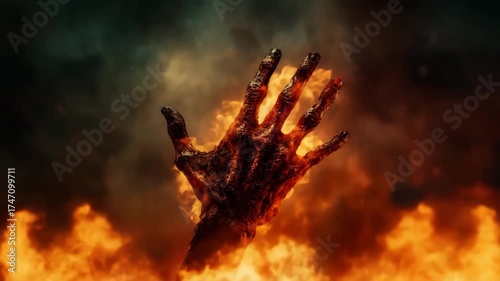 Burning zombie hand rising from flames
