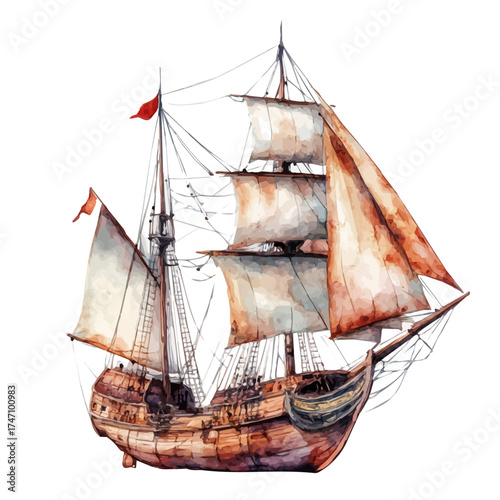 Galleon, watercolor painting vector, isolated on a white background.