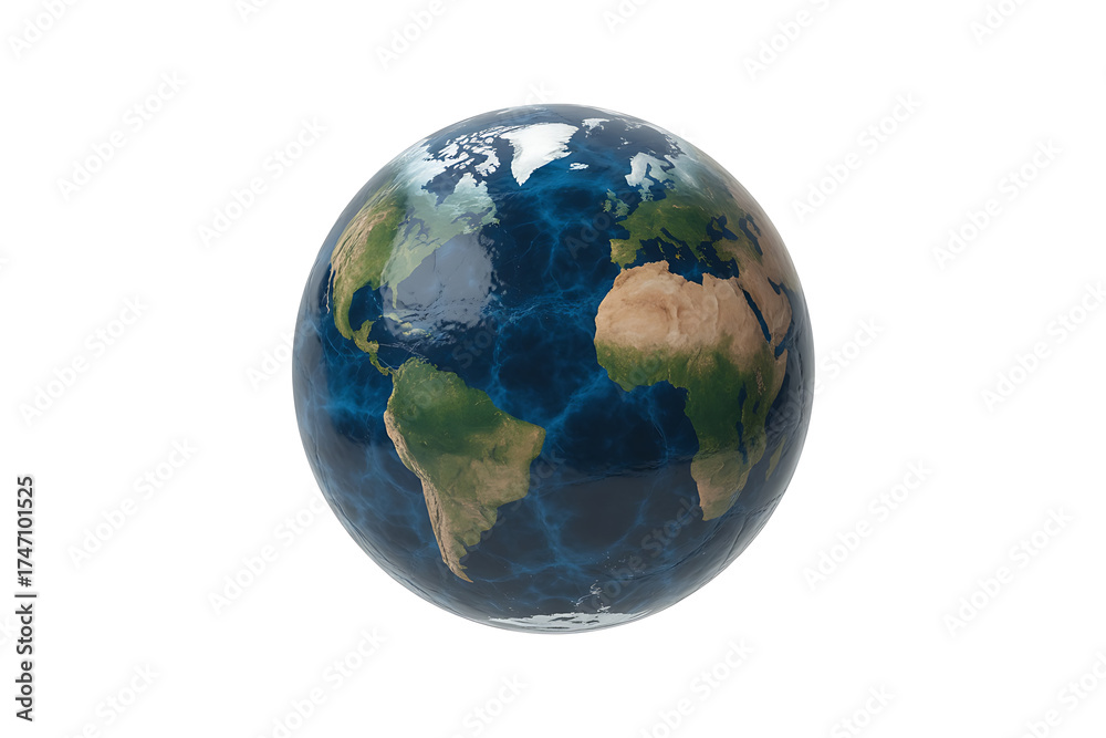 Fototapeta premium Realistic, shiny globe model showing continents and deep blue oceans against white.