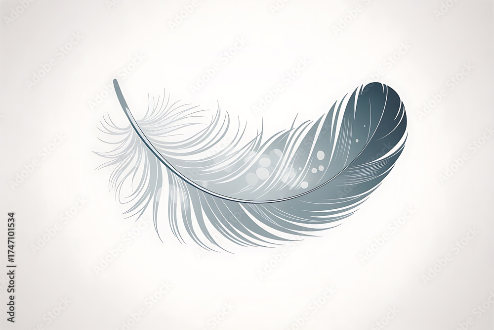 Fototapeta premium Delicate, curved, light gray feather floats gently against a soft, bright background.
