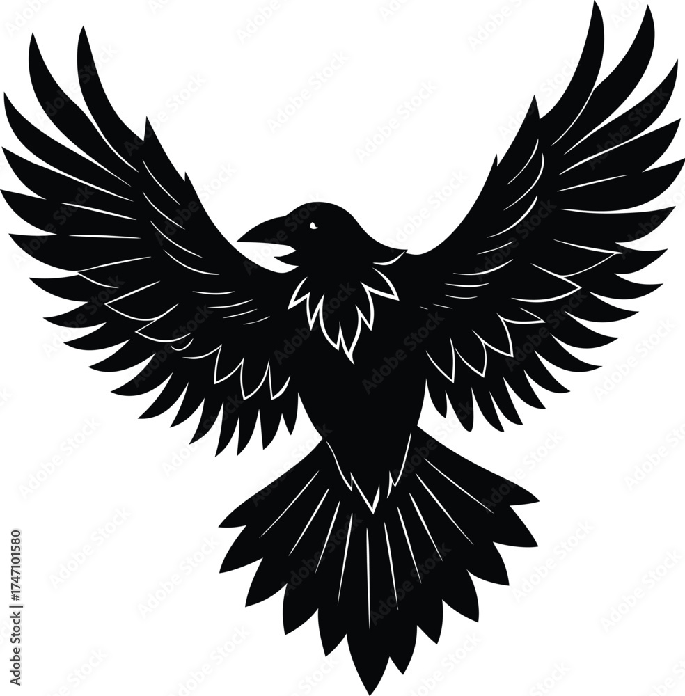Obraz premium Dynamic Raven Silhouette Vector Icon, Flying Crow Symbol with Heavy Wing Flaps for Mystical Logos and Website Design.