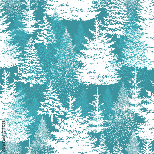 Christmas. Winter background. Winter Forest background. Pine, spruce, christmas tree. Snowy graphic trees seamless pattern panorama view. hand drawing. Not AI, Vector illustrations