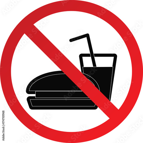 No Fast Food Allowed Sign – Red Circle with Slash Over Burger and Drink Icon, Junk Food Prohibited Area Health and Safety Warning Vector Illustration