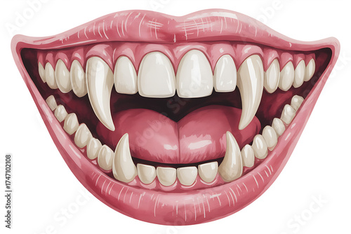 Open mouth displaying prominent, sharp, elongated vampire fangs with white teeth.