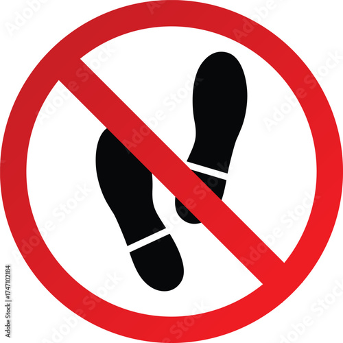No Foot Step Sign – Red Circle with Slash Over Footprint Icon, Prohibited Walking Area Safety and Restricted Access Vector Illustration