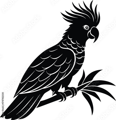 Cockatoo Silhouette Vector Icon, Perched Parrot Symbol with Prominent Crest for UI/UX Design and Exotic Bird Apps on White Background.

