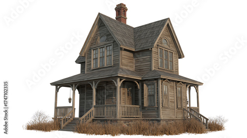 Weathered, old wooden house with a porch and chimney stands isolated.