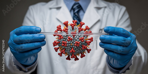 Scientist in lab coat examines virus model with gloved hands under laboratory conditions.