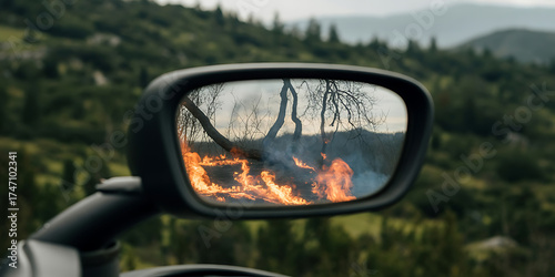 Wildfire burning in the distance reflected in a vehicle's side mirror, surrounded by greenery.