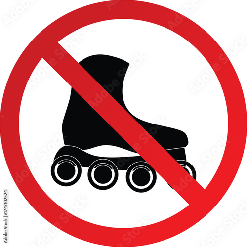 o Skating Sign – Red Circle with Slash Over SkateShoes Icon, Prohibited Skating Area and Safety Restriction Vector Illustration