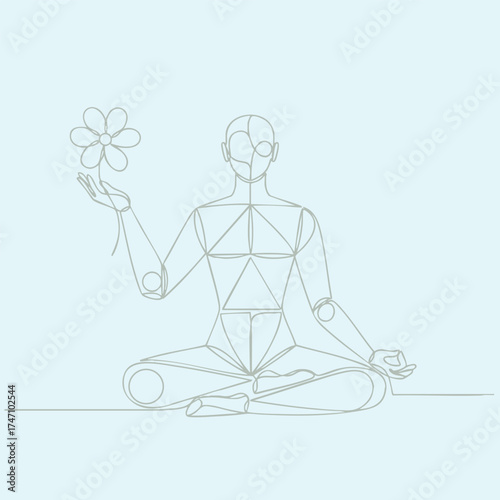 Serene figure practicing meditation in a seated position with a flower in hand, embodying tranquility and mindfulness