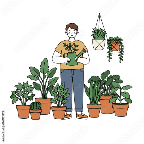Man happily tending to his thriving indoor garden, surrounded by lush potted plants, creating a serene and inviting home environment, a symbol of care