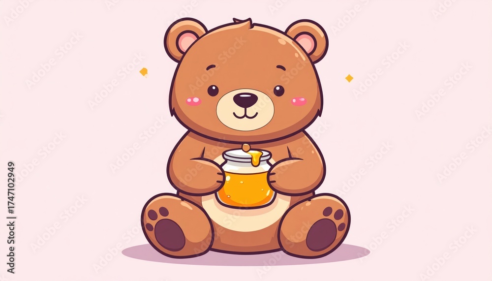 Obraz premium Cartoon bear character holding honey jar against soft pink background