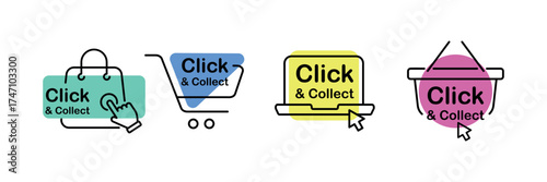Click and collect icons. Design for ecommerce, internet orders, internet sales and retail. Concept online order or internet shopping. Mouse cursor or hand pointe