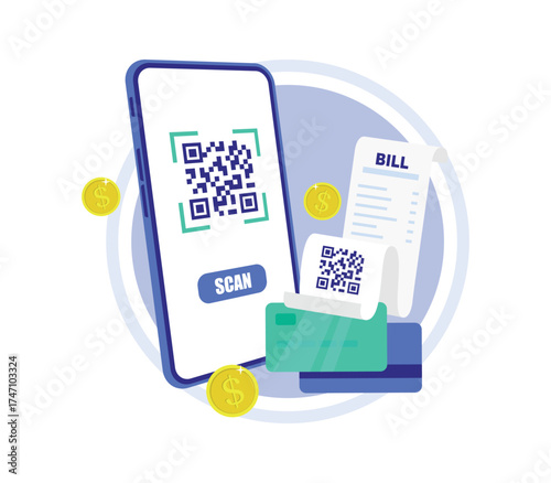 Vector flat render smartphone scans QR code from paper bill invoice with mobile app banner design. In-app billing service in isometric vector illustrations