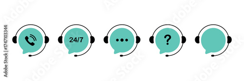 Customer support service. Online support service with headphones. Headphones with microphone and chat speech bubble. Hotline support service. Call center symbols. Vector illustration