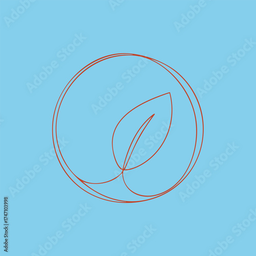Minimalist line drawing of a single leaf enclosed within a circular outline on a pastel blue