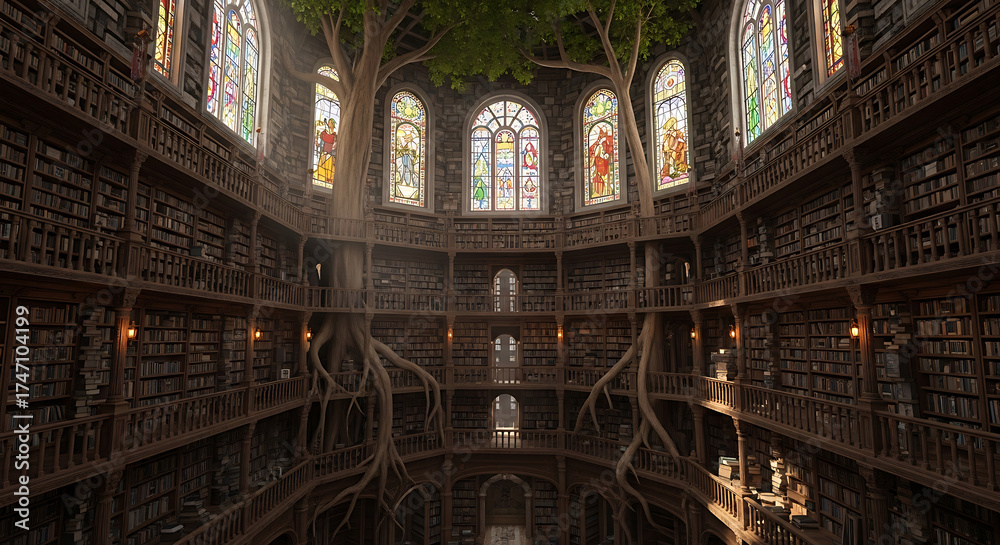 Obraz premium Fantasy library with trees growing inside and stained glass windows
