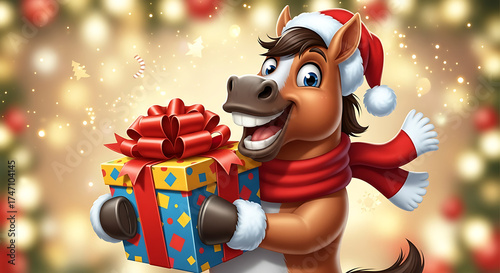 Christmas horse holding gift box with red bow and wearing santa hat and scarf for holiday celebration. Christmas horse smiling with present for giving to friends and family in festive season.