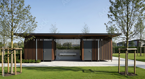 Modern public toilet in a park on a sunny day with blue sky above
