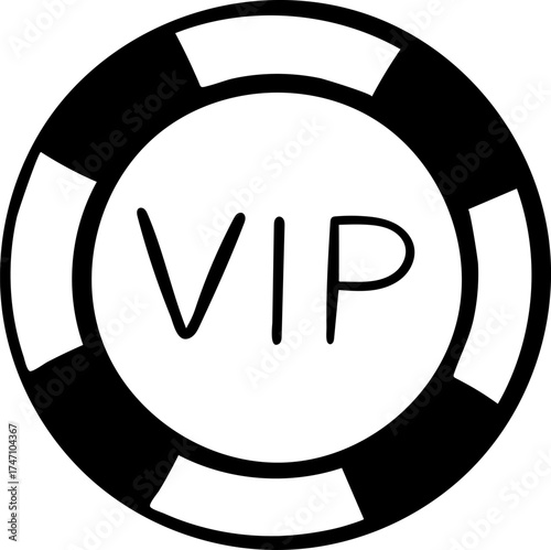 Doodle style illustration of a classic poker chip VIP, simple black and white sketch icon. Hand-drawn round casino token perfect for gaming, betting, and entertainment themes
