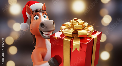 Christmas horse with a Santa hat holds a festive red gift box with golden ribbon. Christmas horse brings joy during the holiday season, offering special present.
