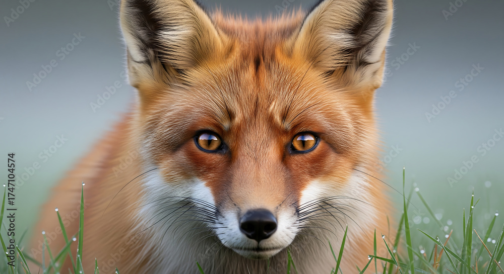 Fototapeta premium close-up portrait of a red fox gazing intently with luminous amber eyes, plush fur detailed in morning dew against misty woods. Side dawn light accentuates whisker finesse and eye depth,