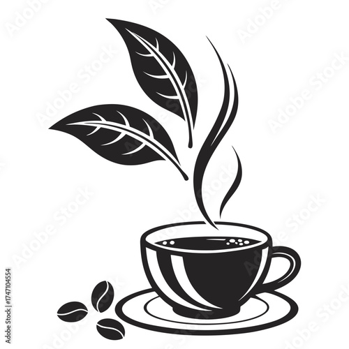 Black coffee cup with steam and coffee beans hot drink