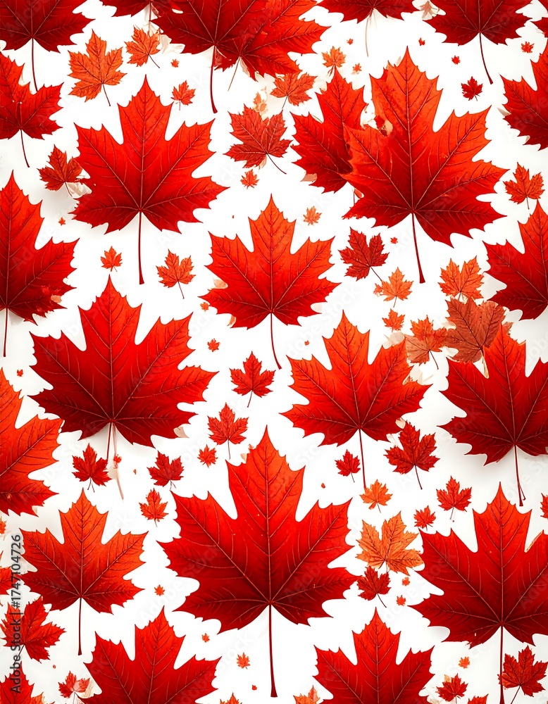 Vibrant red maple leaves pattern on white background
