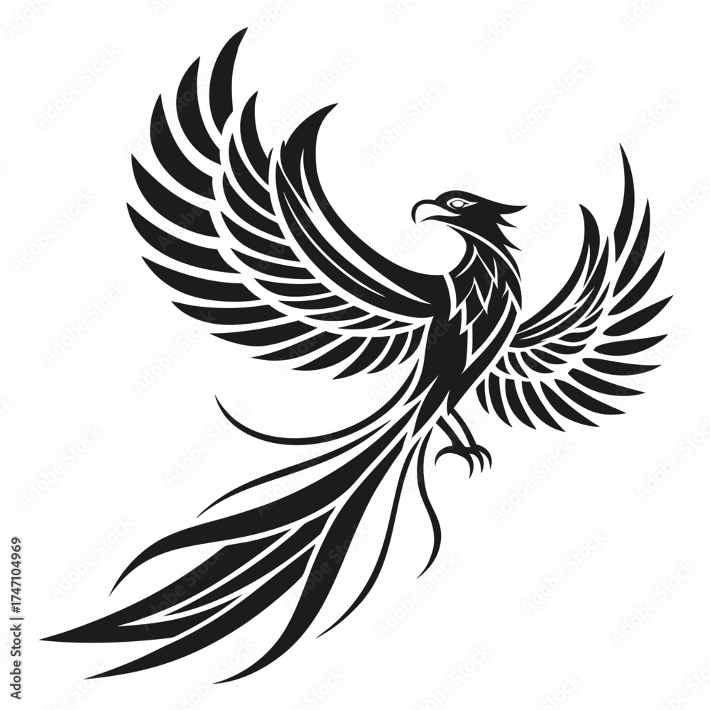 Obraz premium Black vector phoenix bird with spread wings and long tail