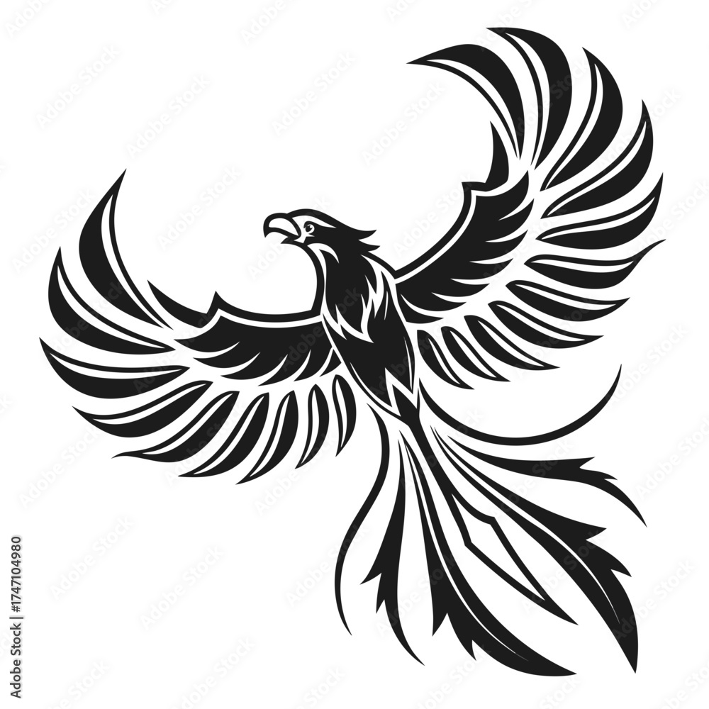 Fototapeta premium Black vector phoenix bird with spread wings white