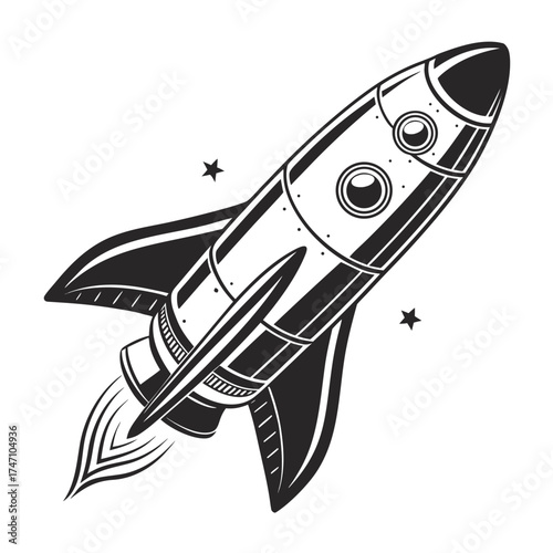 Black rocket ship with fins and exhaust trails spaceship