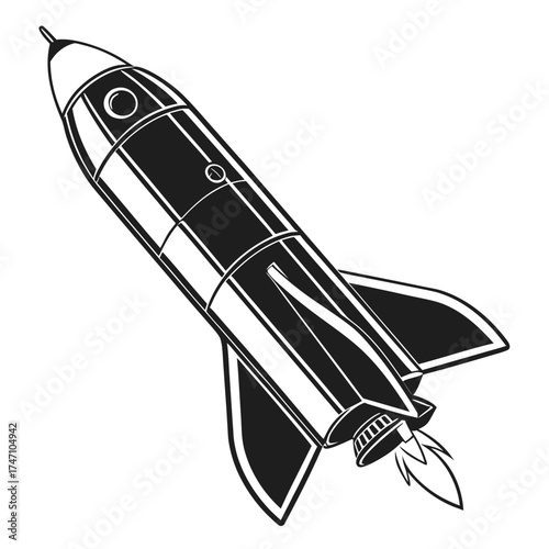 Black silhouette of a retro rocket ship with flames