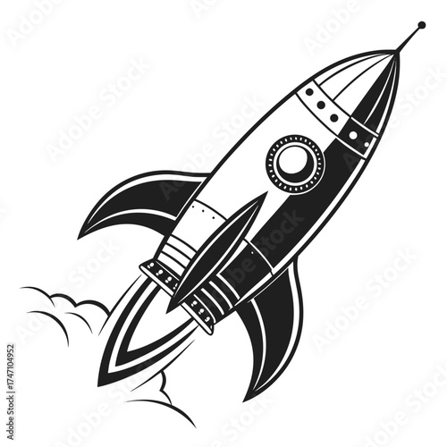 Black silhouette of a retro rocket ship ascending spaceship