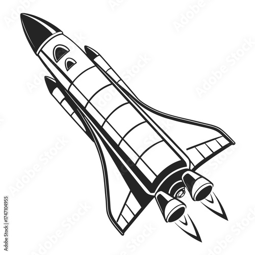 Black silhouette of a retro space shuttle with exhaust flames