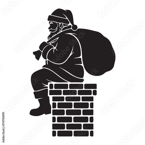 Black and white Santa Claus silhouette sitting on chimney with gift sack