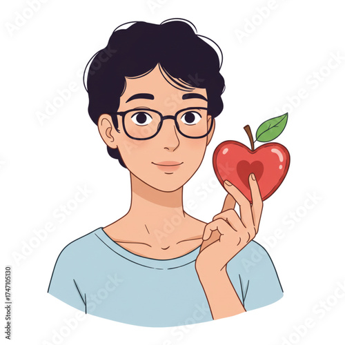 Healthy lifestyle advocate holding heart-shaped apple, promoting wellness and nutrition with a happy, wholesome message, perfect for health campaigns