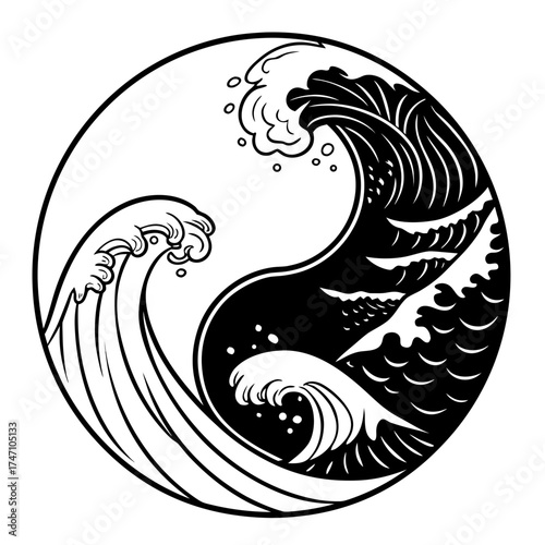 Black and white yin yang wave symbol graphic water