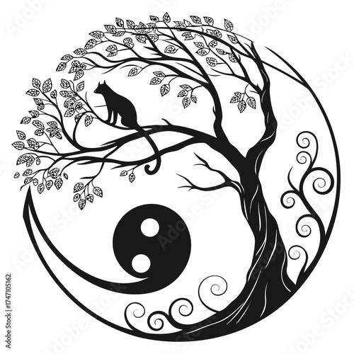 Black cat on tree branch within yin yang symbol black and white