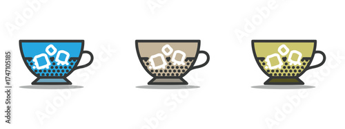 Set of simple, colorful coffee and tea cups with various decorative patterns, symbolizing hot drinks, cafes, break time, or a kitchenware collection